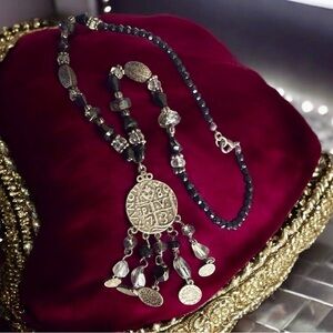 Antique Charles Albert Fine Sterling Silver Treasure Coin Rock crystal necklace